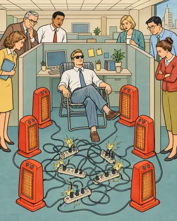 Colored sample page from HR Catastrophes Coloring Book: The Cubicle Sauna. Policy 14.3: One space heater. One.