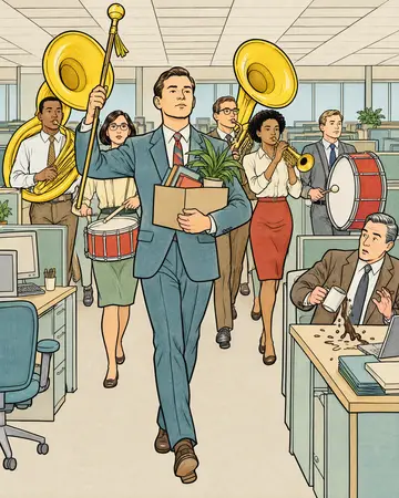 Colored sample page from HR Catastrophes Coloring Book: Quitting With a Marching Band. Policy 4.2: Two weeks’ notice, please, and no tubas.