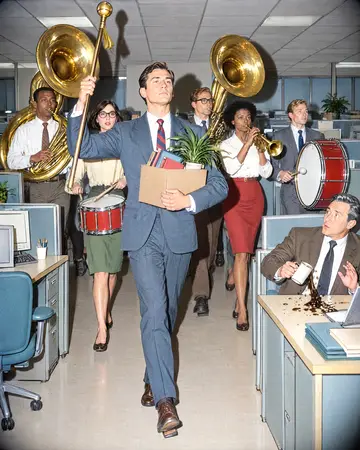 AI-generated photo of the incident from HR Catastrophes Coloring Book: Quitting With a Marching Band. Policy 4.2: Two weeks’ notice, please, and no tubas.